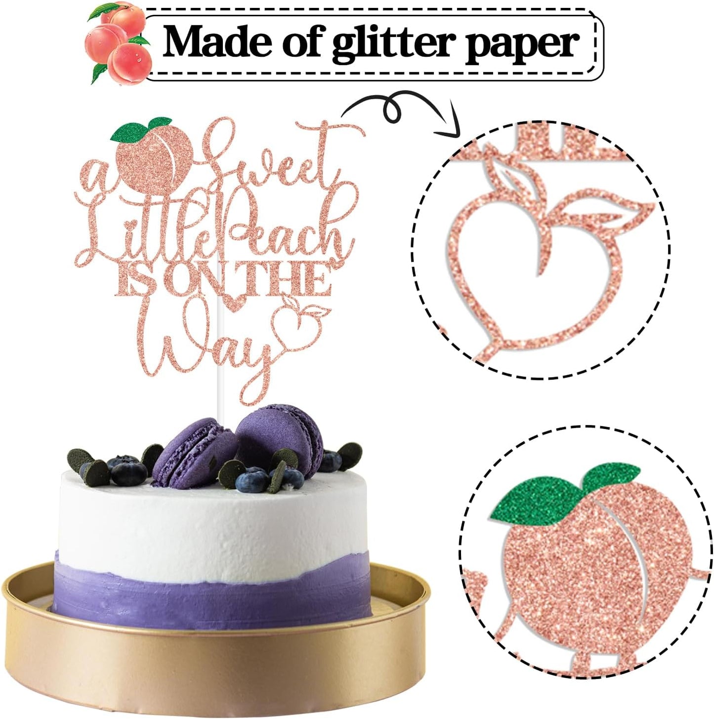 Rose Gold Glitter A Sweet Little Peach is on the Way Cake Topper, Welcome Peach/Sweet Little Peach, Funny Fruit Peach Themed Baby Shower Party Decorations Supplies