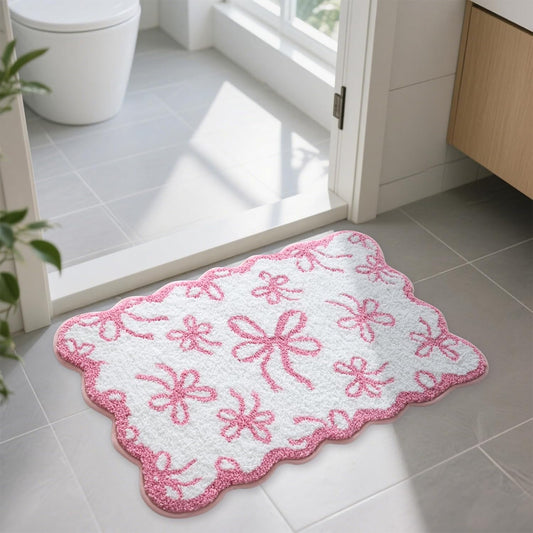 Moutina Pink Bow Bathroom Rug 20x32 Inch, Soft and Absorbent Tufted Coquette Scalloped Bath Mat Non Slip Washable, Cute Bow Decor for Bathroom Bedroom
