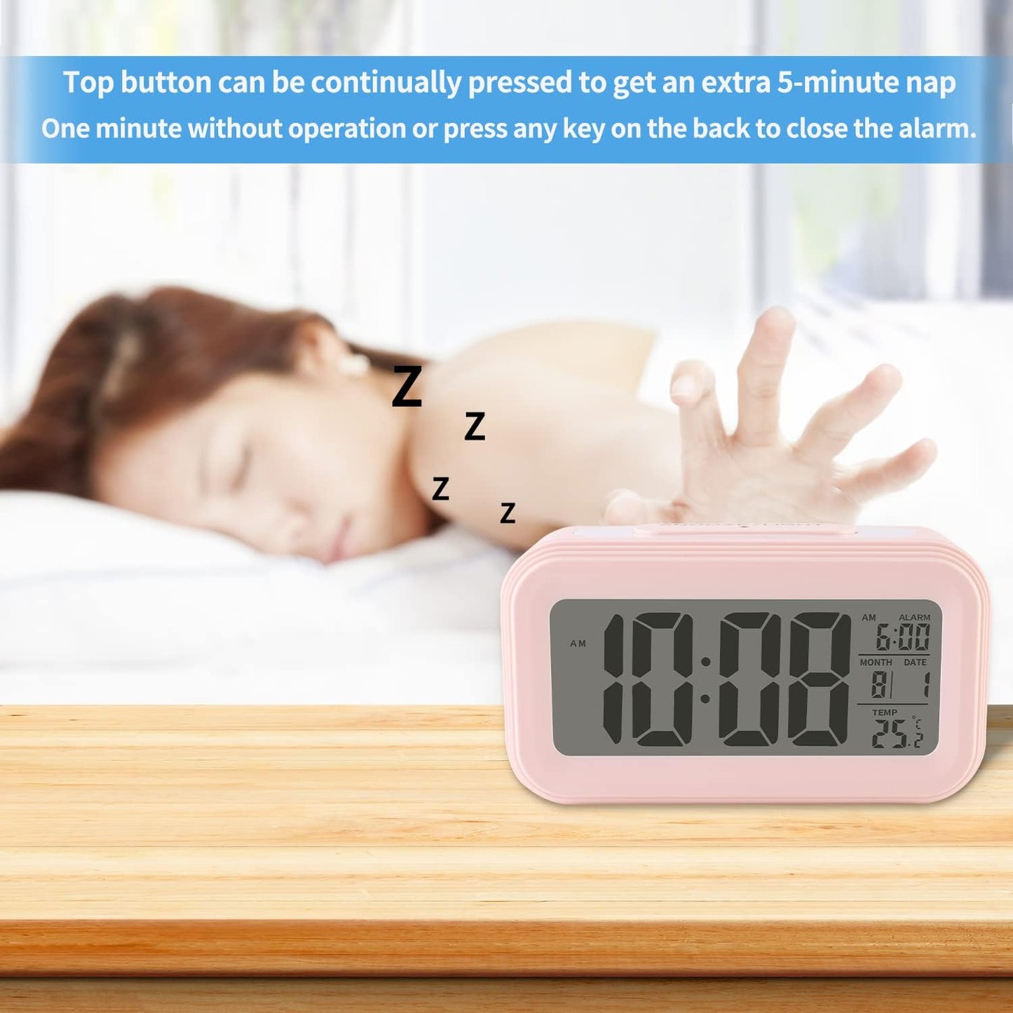 Digital Alarm Clock with Indoor Temperature, Large LED Display, 12/24H, Snooze Mode, Battery Operated Bedside Clock for Bedroom, Heavy Sleepers & Kids