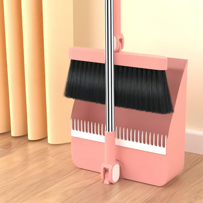 Broom and Dustpan Set, Long Handle Standing Broom with Self-Cleaning Comb Teeth, Heavy Duty Broom Dustpan Combo for Home Kitchen Office Floor Pet Hair Cleaning (Pink)