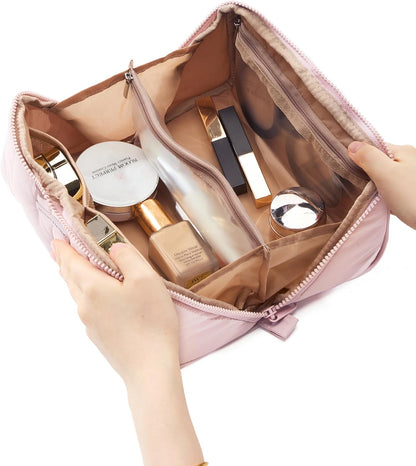 NISHEL Travel Makeup Bag for Women, Fluffy & Lightweight Open Flat Cosmetic Organizer with Multiple Functional Divider for Brush Independent Storage, Handle for Easy Portability, Pink