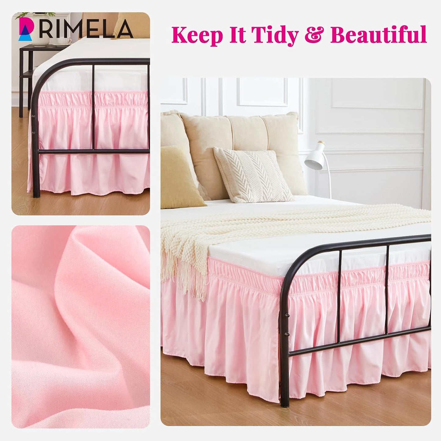 RIMELA Pink Bed Skirt Queen Size 15 Inch Drop Split Corners, Wrap Around Elastic Bedskirt, Dust Ruffle for Adjustable Bed Base Machine Washable Easy to Install Bed Skirts