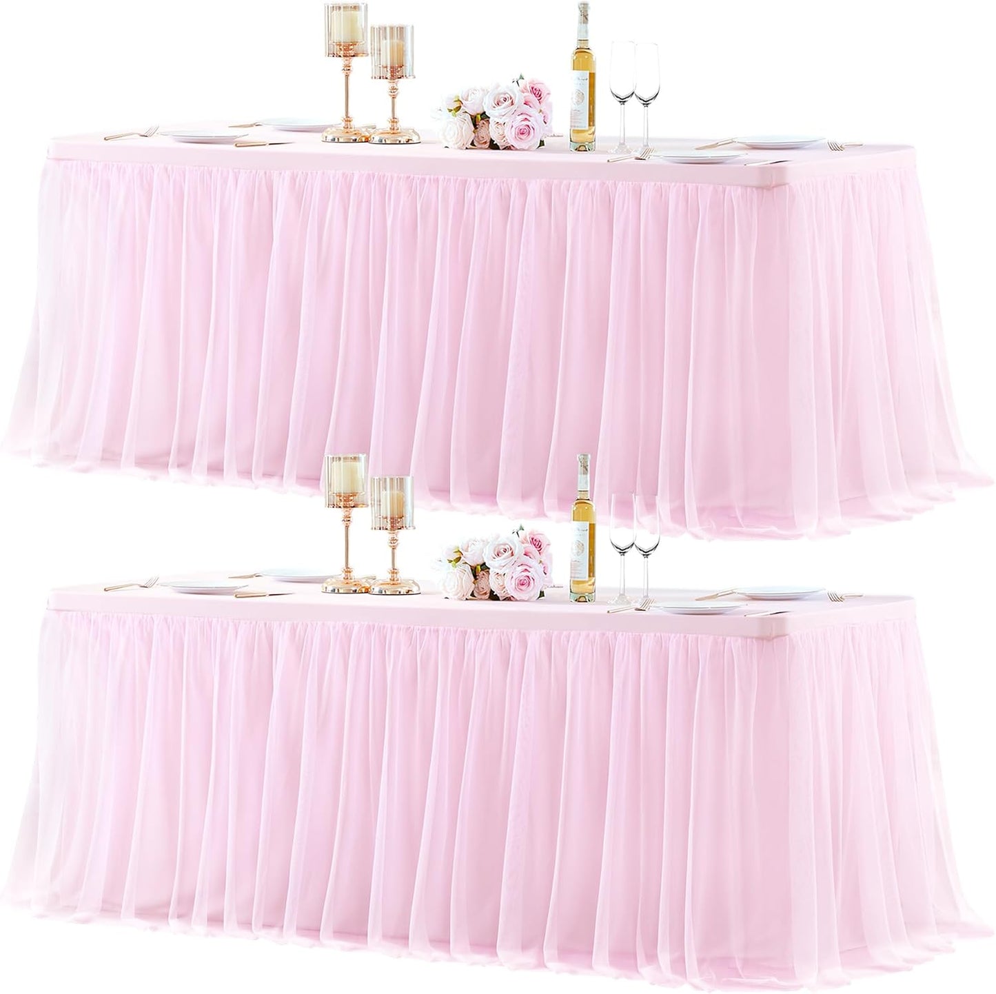 2 Pack Pink Table Cloth for 6 Foot Rectangle Tables, Pink Stretch Fitted Tulle Table Covers Skirt, Rectangular Ruffle Tutu Tablecloth Wedding Banquet Baby Shower Cake Tablecloths Decorations
