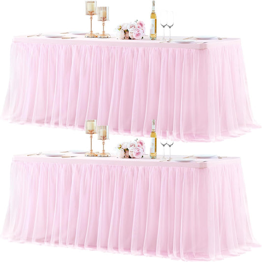 2 Pack Pink Table Cloth for 6 Foot Rectangle Tables, Pink Stretch Fitted Tulle Table Covers Skirt, Rectangular Ruffle Tutu Tablecloth Wedding Banquet Baby Shower Cake Tablecloths Decorations
