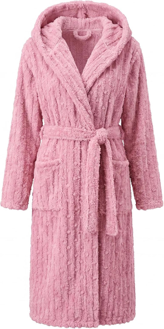 HEARTNICE Fuzzy Soft Robes for Women, Long Plush Hooded Robe Fluffy Warm Bathrobes