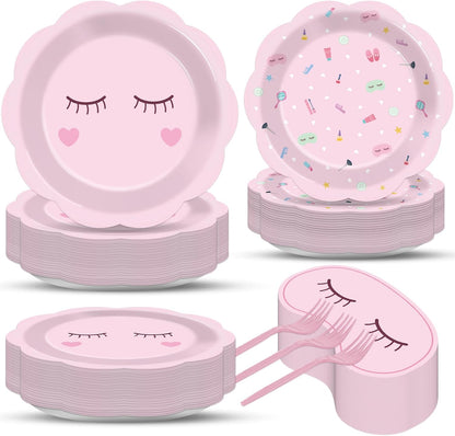 200 Pcs Spa Party Decorations Spa Paper Plates Napkins Pink Sleepover Tableware Dinnerware Set Dinner Dessert Plates Slumber Party Supplies for Girls Makeup Birthday Pajama Parties Favors Table Decor