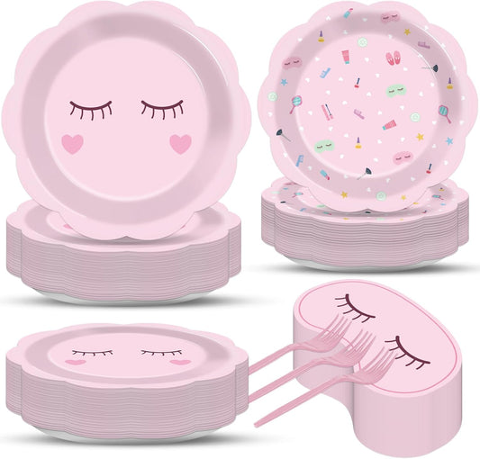 200 Pcs Spa Party Decorations Spa Paper Plates Napkins Pink Sleepover Tableware Dinnerware Set Dinner Dessert Plates Slumber Party Supplies for Girls Makeup Birthday Pajama Parties Favors Table Decor