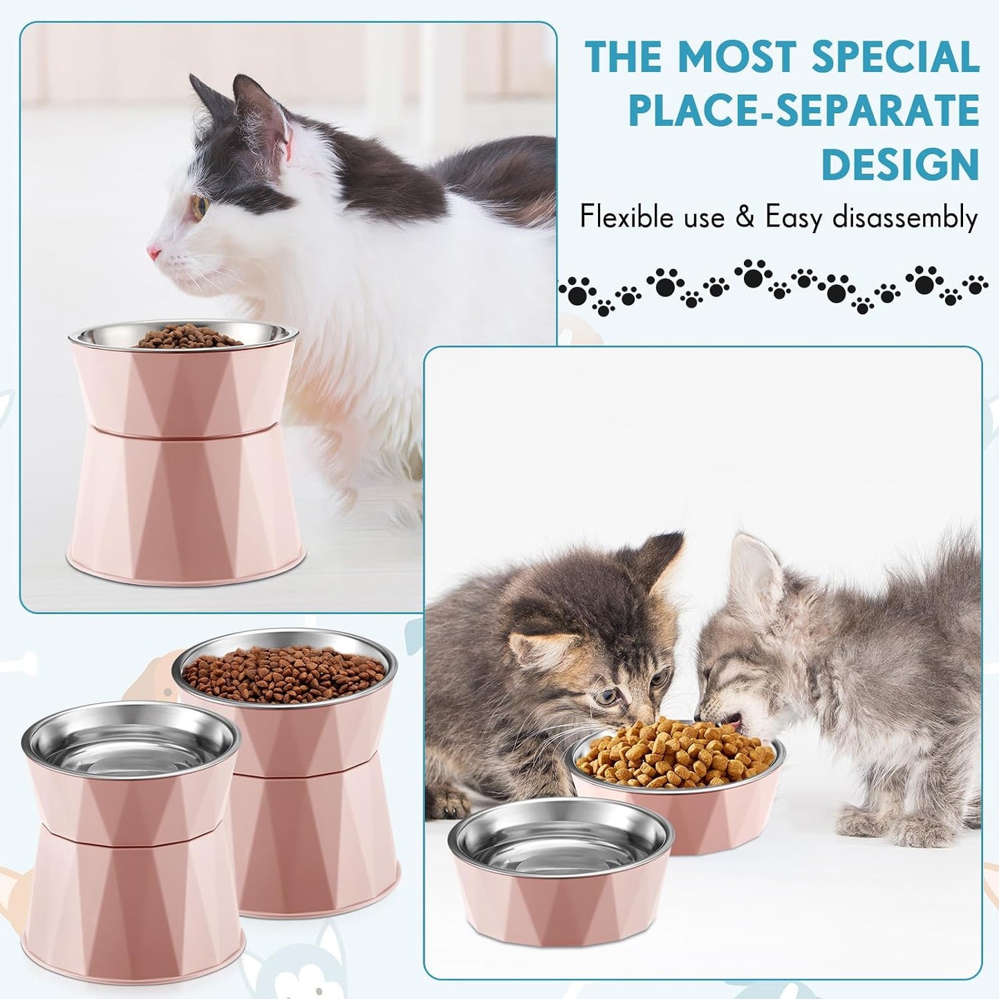 Lallisa 2 Pcs Elevated Cat Bowls Adjustable Raised Cat Feeder Non Slip Food Water with Stand Safe Stainless Steel Bowls with Pet Food Stand for Pets Feeding Eating(Pink)