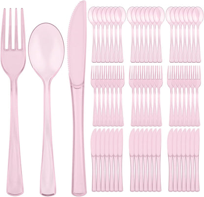 75 PCS Plastic Silverware Disposable Silverware Heavy Duty Utensil Sets 25 Of Each Forks Knives & Spoons Disposable Cutlery Set For Easter,Birthday,Baby Shower,Garden Party,Wedding(75,Pink)