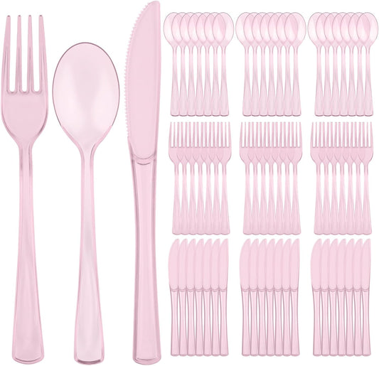 75 PCS Plastic Silverware Disposable Silverware Heavy Duty Utensil Sets 25 Of Each Forks Knives & Spoons Disposable Cutlery Set For Easter,Birthday,Baby Shower,Garden Party,Wedding(75,Pink)
