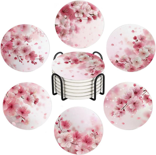 Drink Absorbent Coasters with Holder Set of 6, Ceramic Stone with Cork Base, Watercolor Pink Cherry Blossoms Coaster for Drinks, Gift for Housewarming Room Bar Home Decor Kitchen
