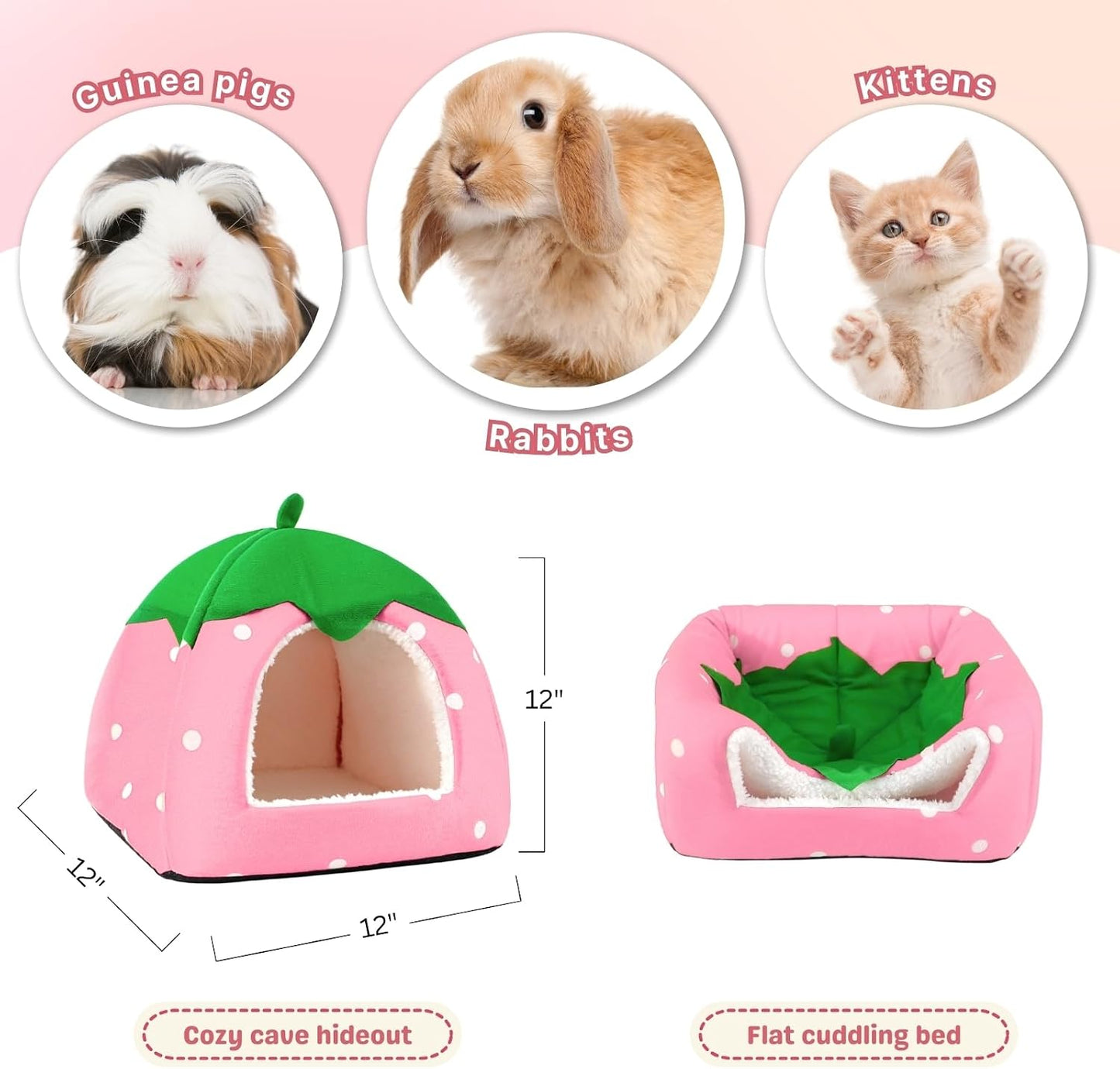 Rabbit Hideout, Washable Bunny Bed with Removable Pee Pad, Plush Indoor Rabbit House, Adorable Strawberry Design Small Animal Hideaway for Guinea Pig, Pink