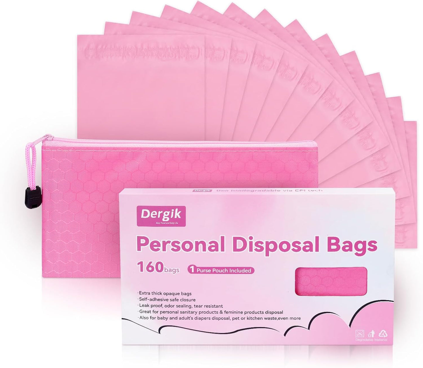 Sanitary Napkin Individual Disposal Bags, 160 Pcs Opaque Personal Care Disposable Bag, Secure Closure, Odor Control, for PadsTampons Women Period Small Trash Bag,With Pouch, Pink, Packaging May Vary