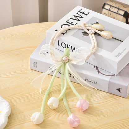 SUQ I OME 1 Pair of 100% Handmade Tulip Flower Curtain Tiebacks with Bowknot,Curtain Ties,Curtain Holdbacks,Pink