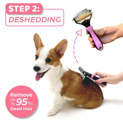 Grooming Brush for Dog/Cat with 2 Sided Grooming Brush for De-Shedding, De-Matting Reduces Shedding up to 95%, Great Short to Long Hair Small Large (Pink, Large)