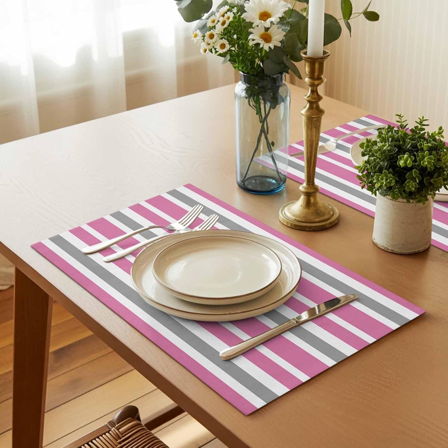 Pink Grey and White Stripes Placemat Set of 6 Non-Slip Placemats for Dining Table Farmhouse Stripe Washable Table Mats, Heat Resistant Kitchen Table Mats for Party, Dining Room & Home Decor