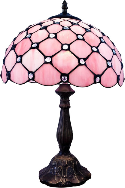 Tiffany Lamp Stained Glass Table Lamp Antique Bedside Desk Reading Light 3-Way Color LED Living Room Nightstand Light 12X12X19 Inches Home Office Desk Light Pink Pearls Style