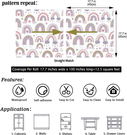 CHIHUT 17.7"x100" Pastel Rainbow Wallpaper Soft Pink Purple Blue Wall Mural with Clouds Stars Pattern Wallpaper Peel and Stick Rainbow Contact Paper for Kids Room Nursery Playroom Wall Décor