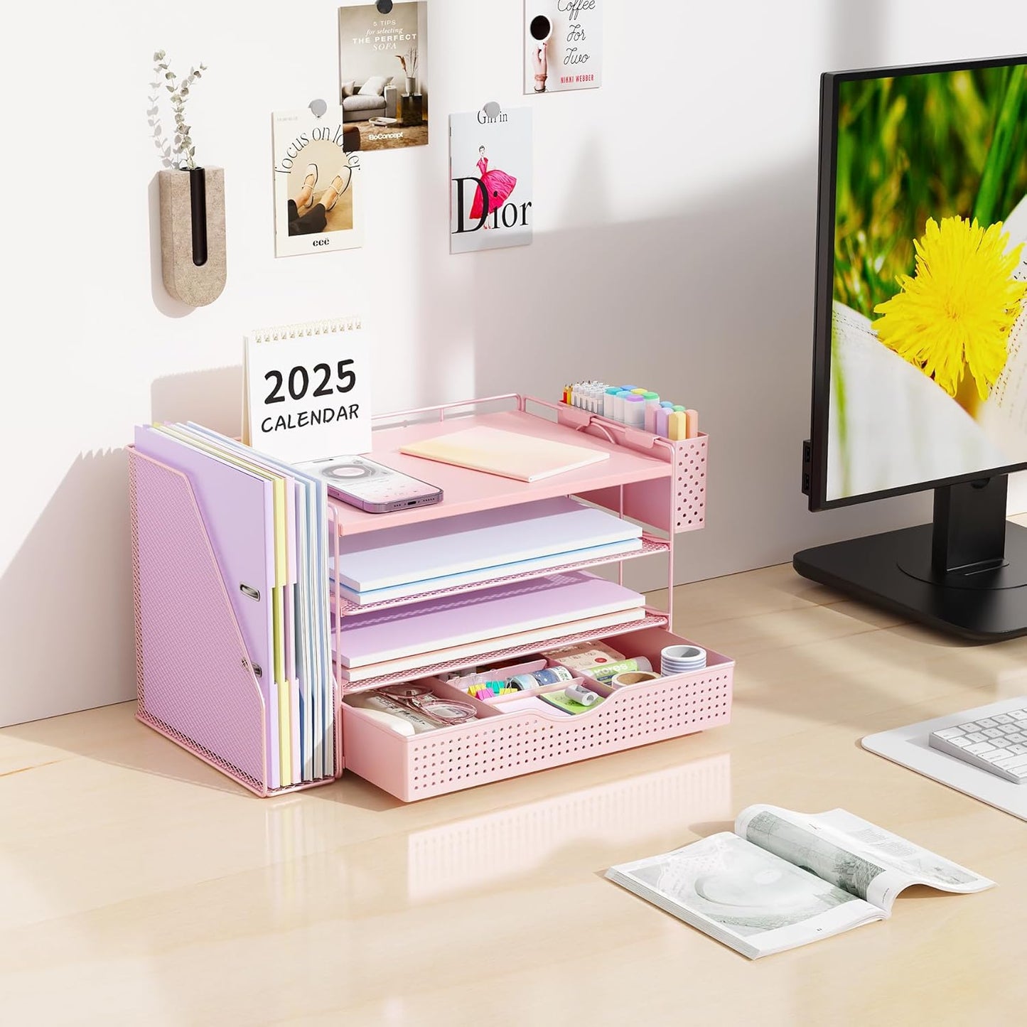 gianotter Wood Desk Organizers and Accessories with File Holder, 4-Tier Desk Accessories & Workspace Organizers with Drawer and Pen Holder, Desk Reference Organizer (Pink, 4T with Drawer)