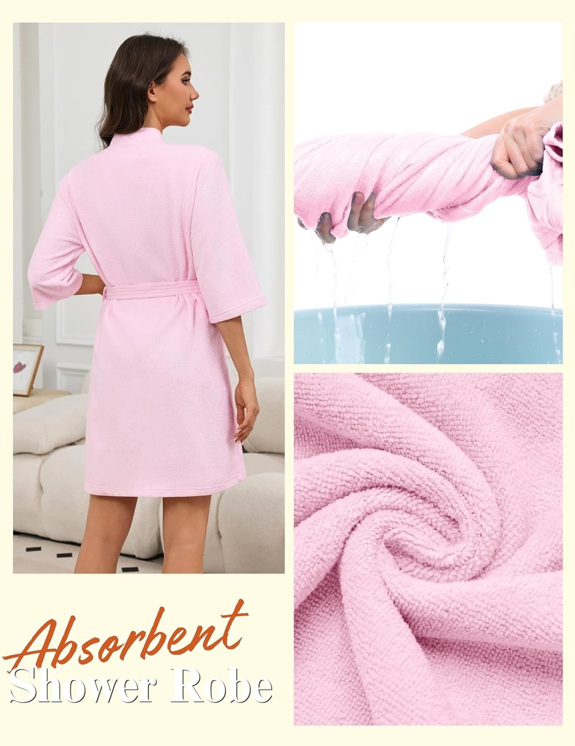 Ekouaer Women Terry Cloth Robes Absorbent Towel Robe Knee Length Soft Bathrobe 3/4 Sleeve Spa Robe with Pockets S-2XL