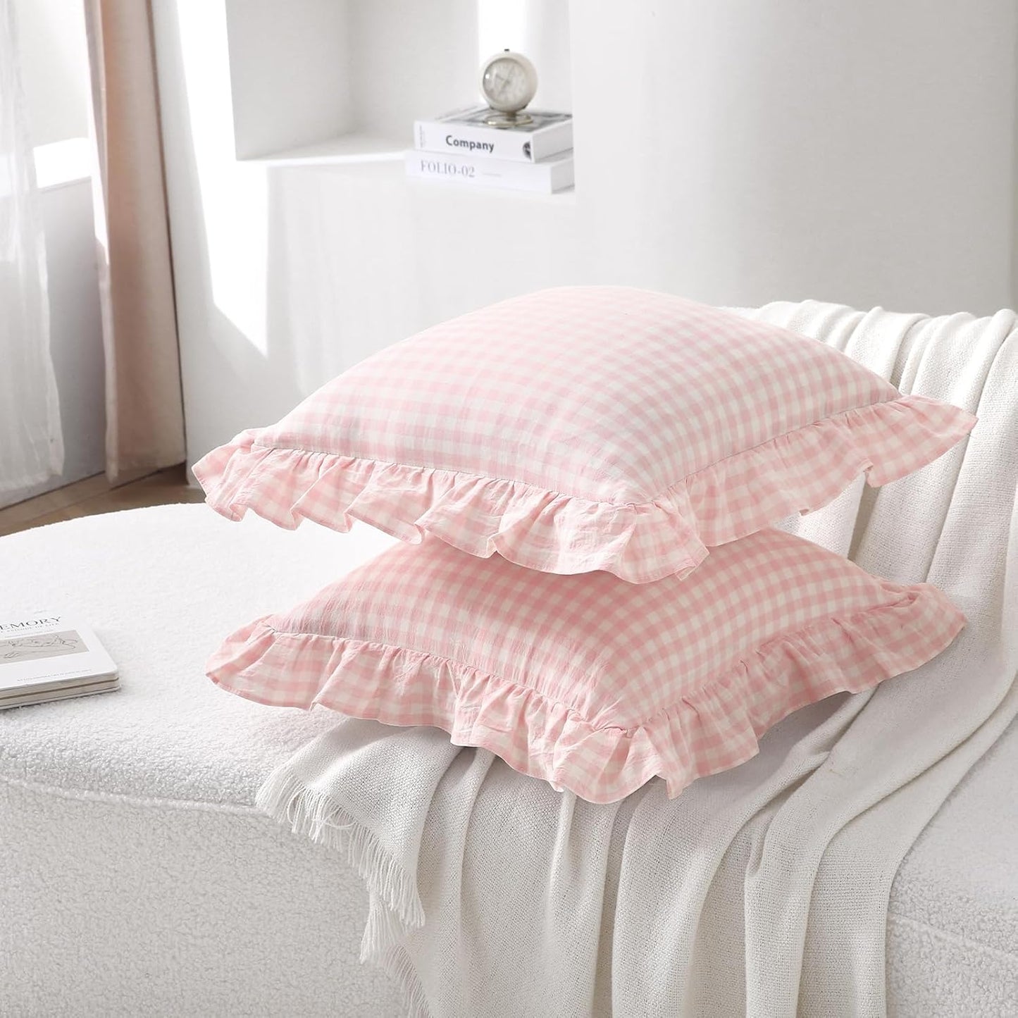 2 Pack Blush White Plaid Ruffle Gingham Throw Pillow Covers, 100% Washed Cotton Checkered Farmhouse Decorative Pillow Shams for Bed/Sofa - 18''x18''