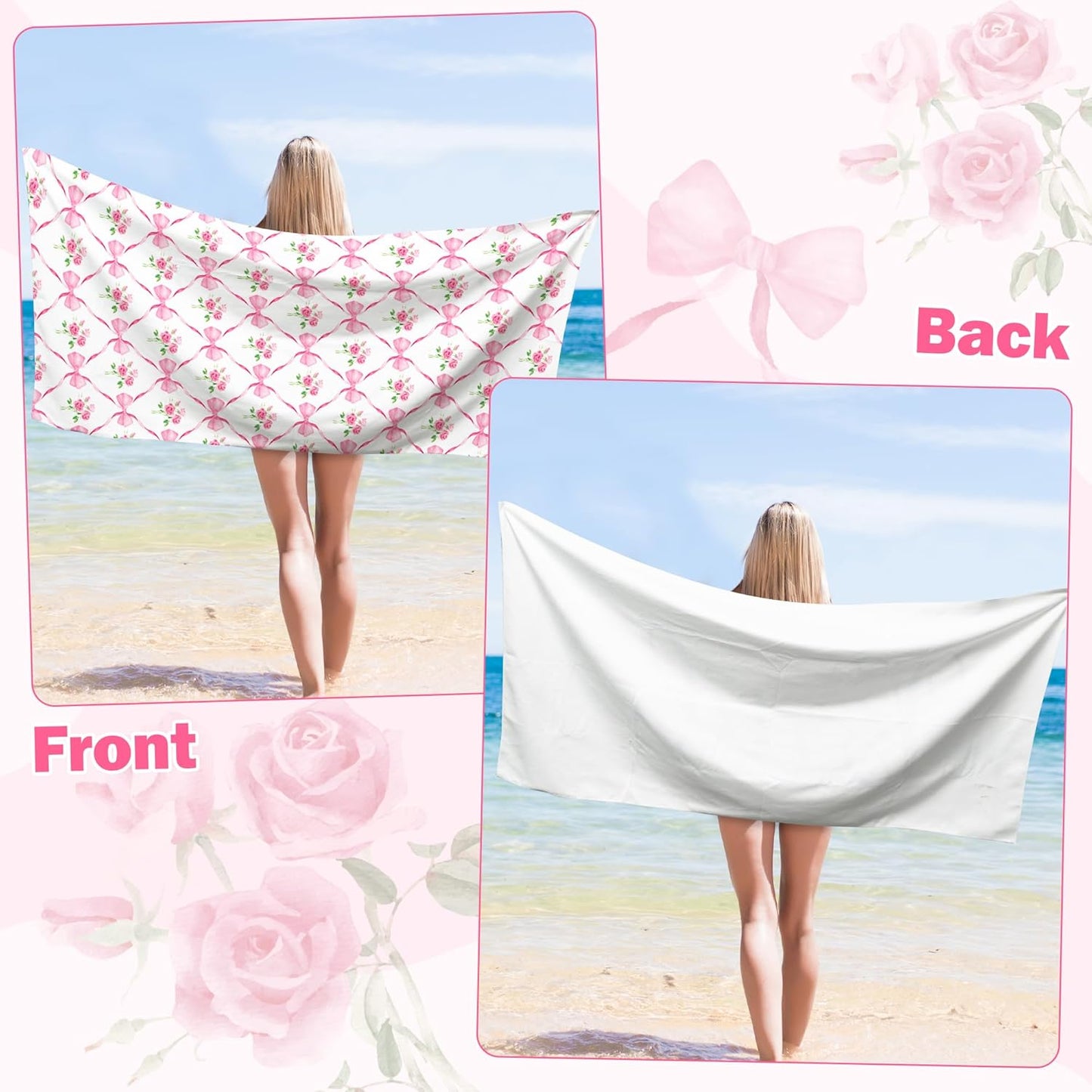 Coquette Pink Bow Rose Magnetic Beach Towel - 74.8"x30" Sand Free Quick Dry Microfiber Towel with Built-in Magnets Lightweight for Beach Chair Car Door Pool Travel Yoga with Storage Bag