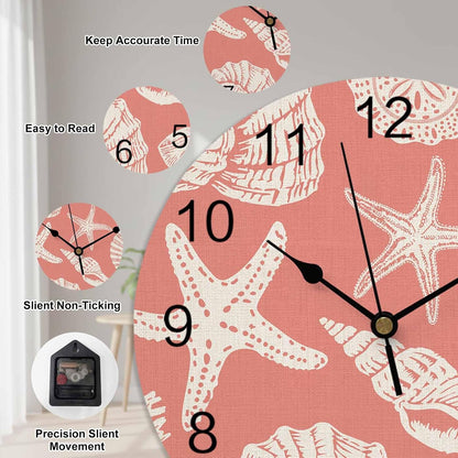 LooPoP Wall Clock Shell Starfish Clocks PVC Silent Non-Ticking Battery Operated Decorative Pink Coastal Coral Conch Round Clock for Home Living Room Kitchen Bedroom Office School Wall Decor 10 Inch
