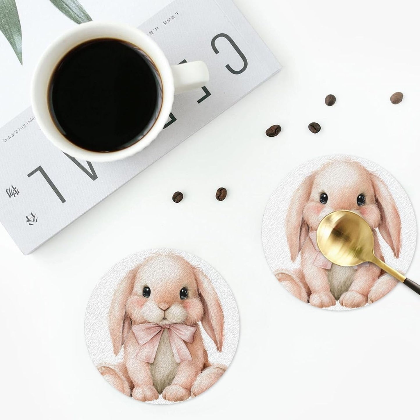 Watercolor Animal Light Pink Bunny Wearing Bow Drinks Coasters Set of 4 Leather Drink Coasters for Tabletop Protection Heat Resistant Bar Cup Mat Pad