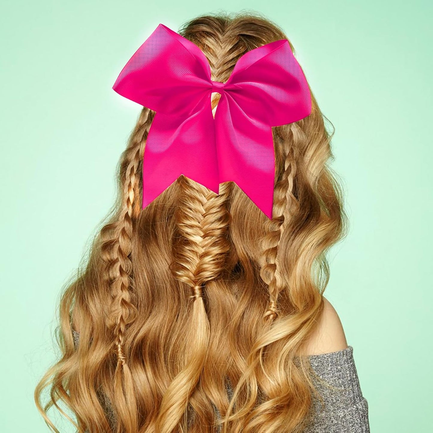 4pcs Large Cheering Bows 8 Inch Pink Cheerleading Bows with Elastics Hair Ties Bands Ponytail Holder for Cheerleader Softball Football Competition College Sport