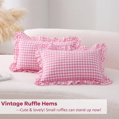 2 Pack Pink White Plaid Ruffle Gingham Throw Lumbar Pillow Shams, 100% Washed Cotton Girly Farmhouse Decorative Checkered Pillow Covers Zipper Closure - 20''x12''