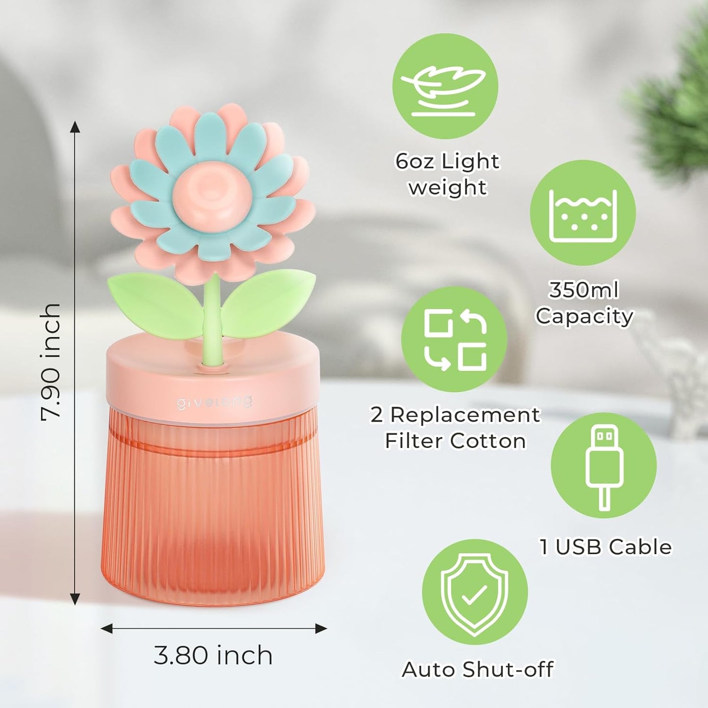 260ml Flower Mini Humidifier, Pink Sunflower Desktop Small Humidifiers, Personal Cool Mist Humidification, USB Desk Humidifier for Bedroom, Office, Travel & Indoor Plants