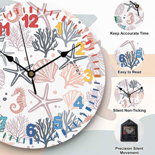 LooPoP Wall Clock Pink Starfish Clocks PVC Silent Non-Ticking Battery Operated Colorful Teaching Shell Coral Marine Life Round Clock for Kids Room Living Room Bedroom Office School Wall Decor 12 Inch