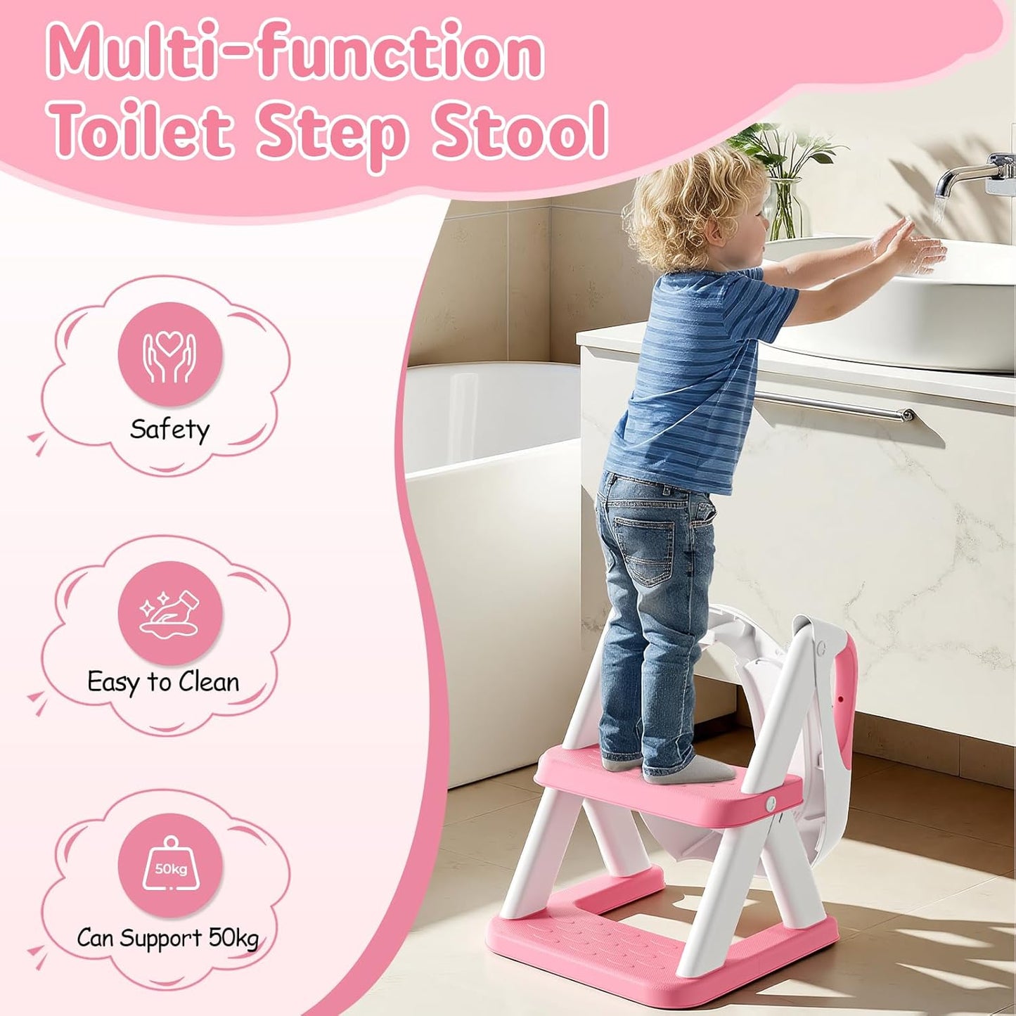 Potty Training Toilet Seat with Steps, 2-in-1 Toddler Toilet Seat for Boys Girls with Splash Guard Soft Anti-Slip Pad,Bright Pink