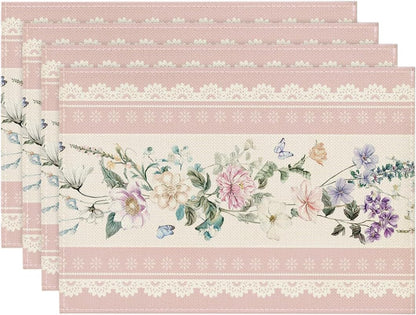 Artoid Mode Pink Printed Lace Floral Spring Placemats Set of 4, 12x18 Inch Seasonal Summer Holiday Table Mats for Party Kitchen Dining Decoration