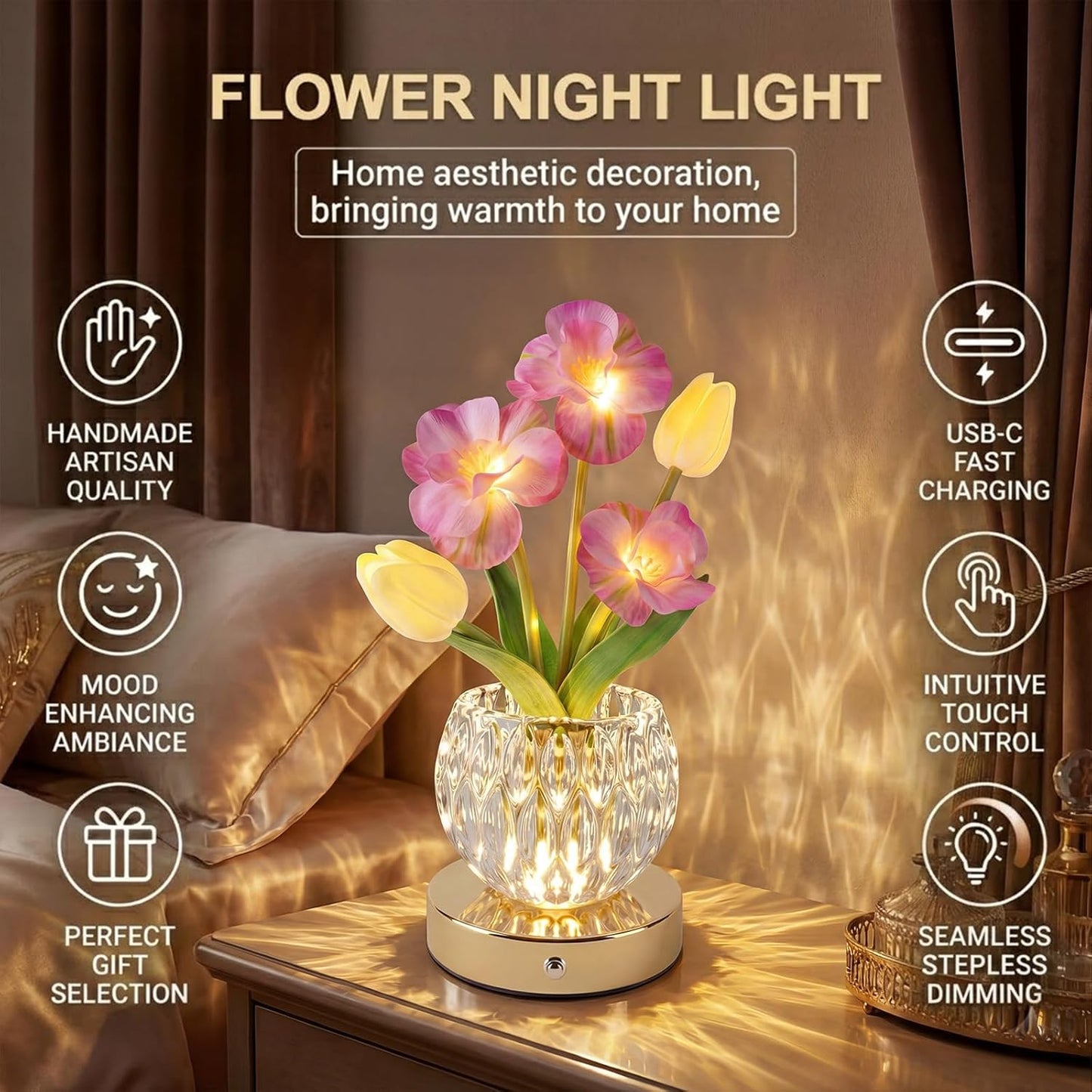 Flower Table Lamp, 3-Color Touch Dimming Tulip Glass Night Light, Rechargeable Artificial Flower Light, Desktop Ambient Light Romantic Gifts for Girls Women Mom (Pink-Sakura)