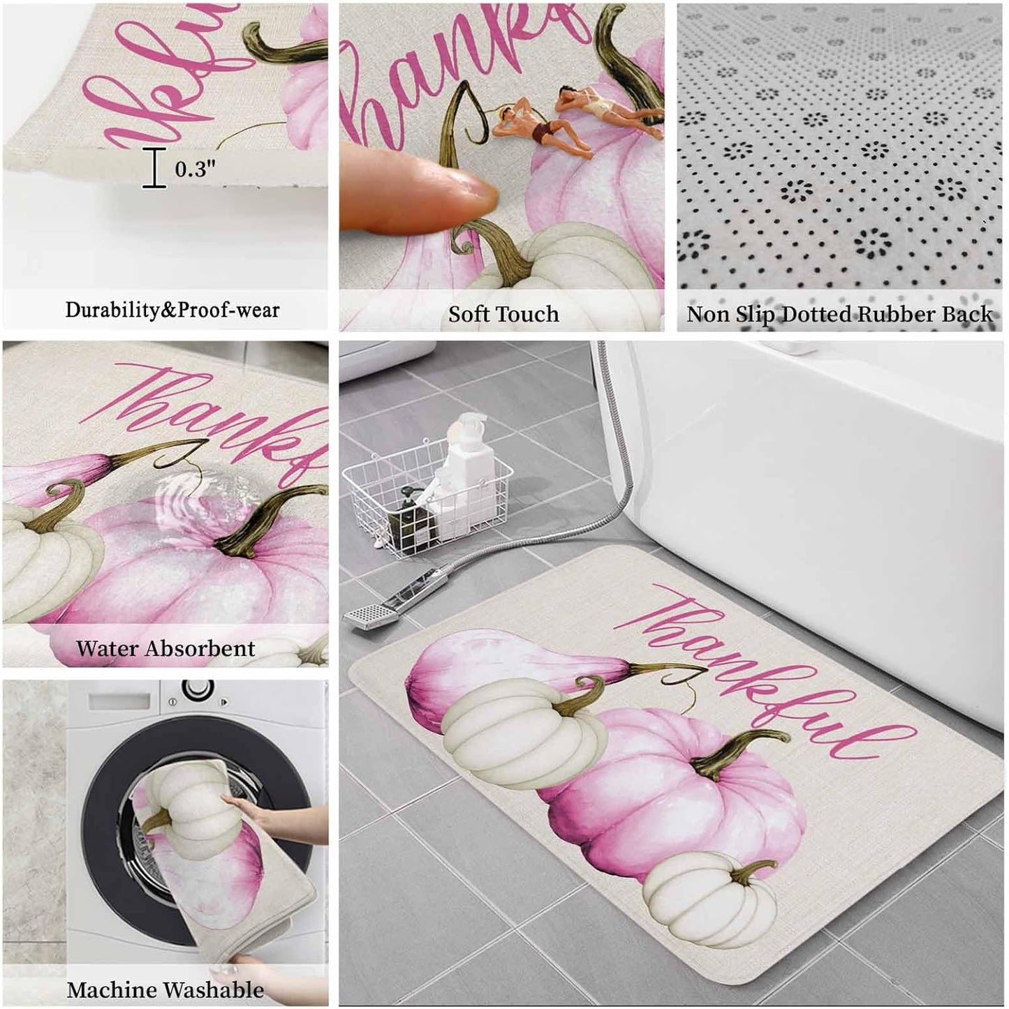 Pink White Pumpkin Bathroom Rug Sets 3 Piece, Non Slip Bath Mat, Fall Thanksgiving Retro Light Beige Absorbent Floor Mats Bath Rugs with U-Shaped Contour Rug Toilet Lid Cover Bathroom Decor Small