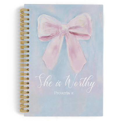 YLZlhb Pink Coquette Bow Christian Spiral Notebook Journal, Pastel Preppy Bible Notebooks for Note Taking, Christian Gifts for Women, She Is Worthy Religious Hardcover Spiral Journal 5.5x8.3 Inches