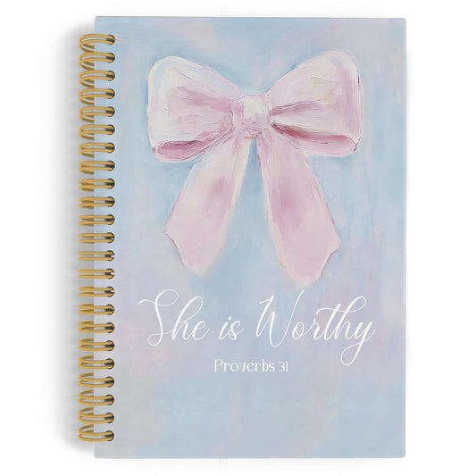 YLZlhb Pink Coquette Bow Christian Spiral Notebook Journal, Pastel Preppy Bible Notebooks for Note Taking, Christian Gifts for Women, She Is Worthy Religious Hardcover Spiral Journal 5.5x8.3 Inches