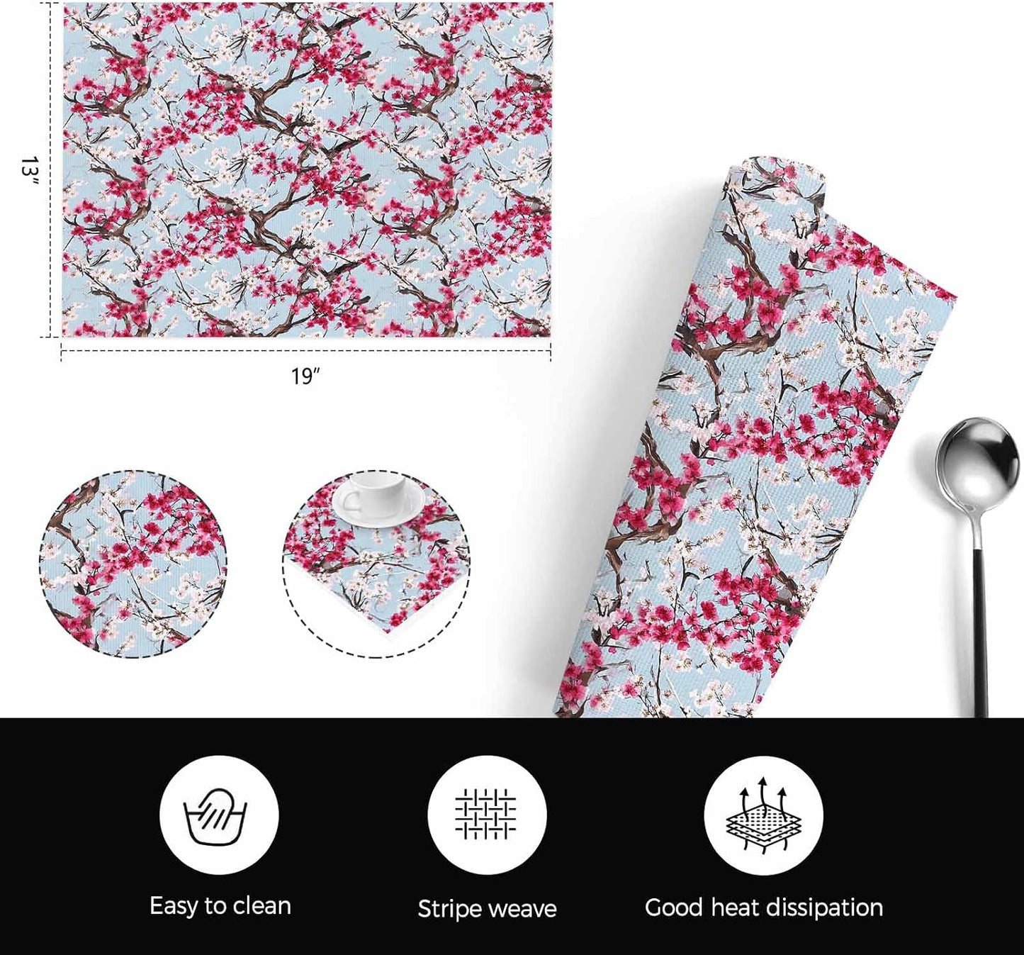 Spring Flowers Placemats Set of 4, Washable PVC Kitchen Table Mats Place Mats, Chinese Pink Peach Blossoms Branches Woven Vinyl Placemat for Dining Table, 13" x 19"