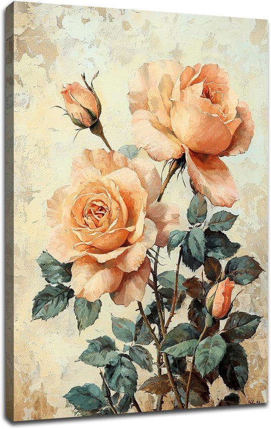 JHUAYIS Canvas Poster Vintage Rose Wall Art Peach Apricot Floral Botanical Print Single Panel Wall Decor for Bedroom Bathroom Office Gift Display, Framed Canvas, 18x12inch