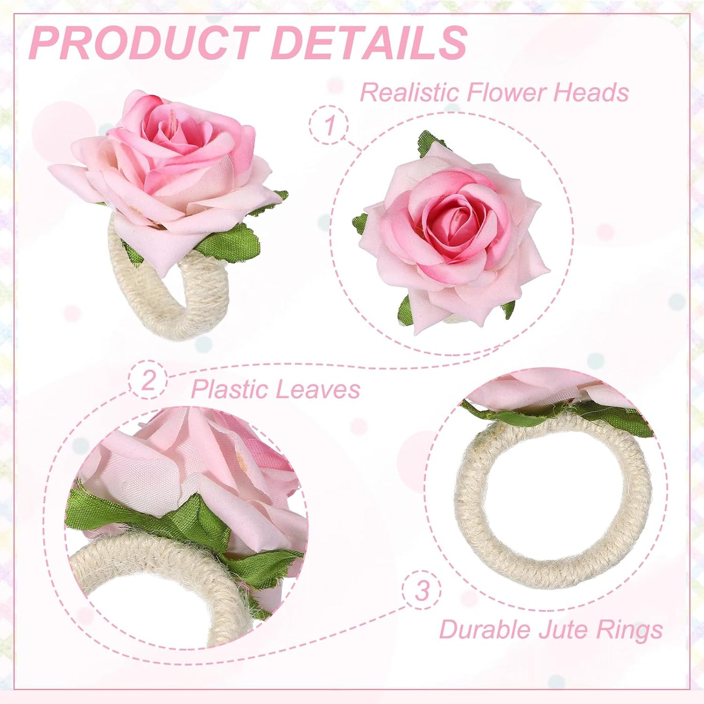 uxcell 4Pcs Flower Napkin Rings, Handmade Rose Napkin Ring Holders Buckles Table Decorations for Christmas Thanksgiving Valentine Decor Wedding Parties, Banquet, Home, Pink