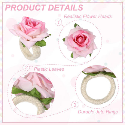 uxcell 4Pcs Flower Napkin Rings, Handmade Rose Napkin Ring Holders Buckles Table Decorations for Christmas Thanksgiving Valentine Decor Wedding Parties, Banquet, Home, Pink