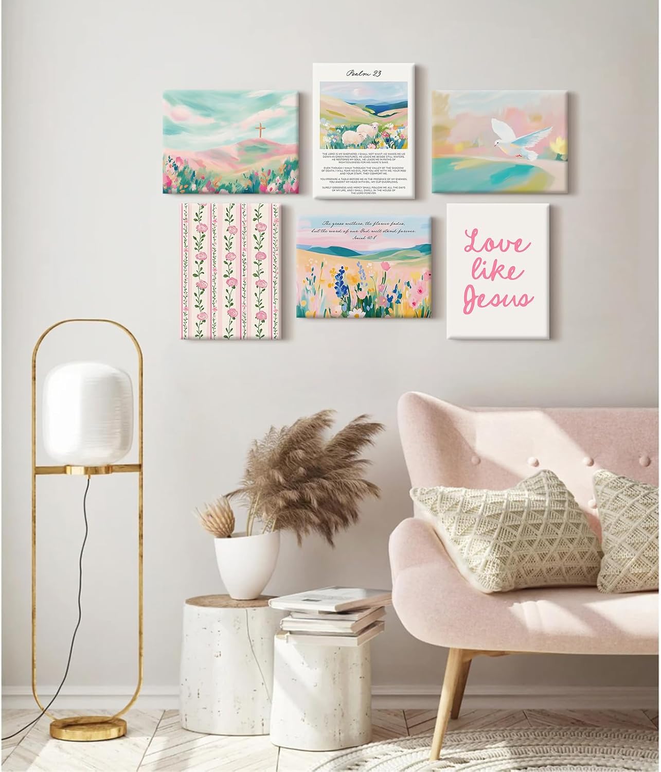 Pastel Pink Christian Wall Art Bible Verse Preppy Canvas Wall Decor Girl Trendy Christian Poster Aesthetic Floral Scripture Prints Cute Religious Pictures for Girls Room 12x16 Inch Ready to Hang 6Pcs