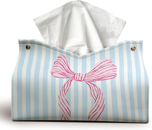 Pink Coastal Bow Striped Tissue Box Cover,Coastal Granddaughter Aesthetic Trendy Decorative Tissue Holder,Aesthetic Coastal Tissue Box Cover for Girls Dorm Room Beach Bedroom Bathroom 9.8x5.9x7In