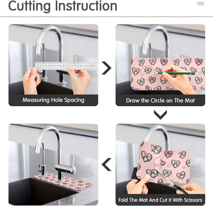 Light Pink Heart Bows Valentine Day Faucet Drying mat Silicone Kitchen Faucet Mat Sink Splash Guard Drip Catcher Dish Soap Sponge Holder for Guard Bathroom Farmhouse S