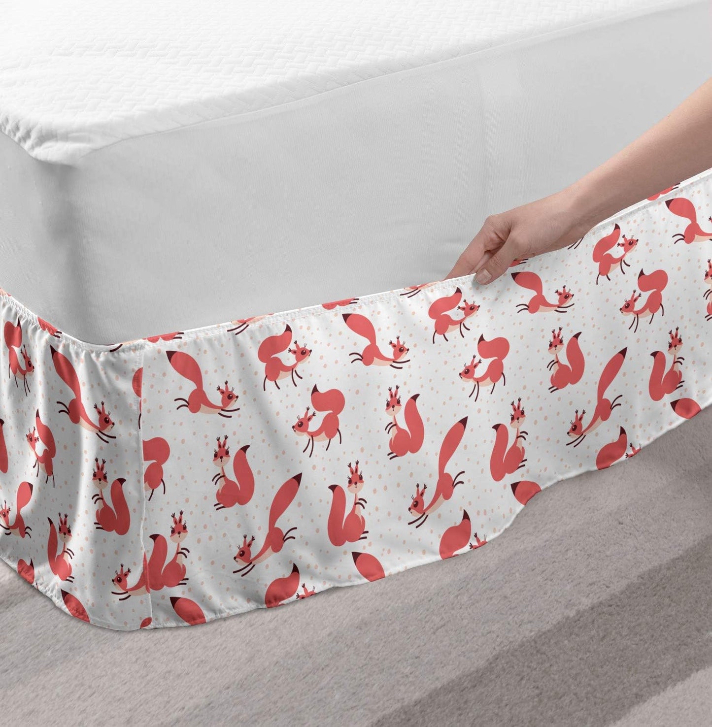 Lunarable Squirrel Bed Skirt, Little Pink Squirrels Under Snowfall Rodent Animal Character Winter Theme, Elastic Bedskirt Dust Ruffle Wrap Around for Bedding Decor, Full, Pink Peach White