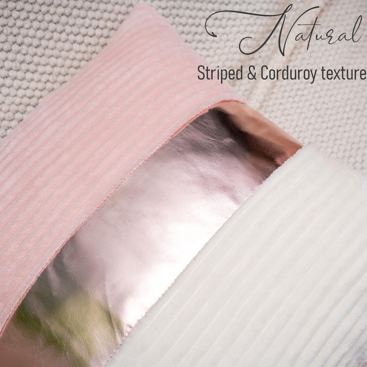 Pink and Cream White Boho Striped Corduroy Throw Pillow Covers with Gold Leather Patchwork 18x18 Inch, Pack of 2, Double-Sided, Soft Home Decorative Pillows for Couch and Living Room