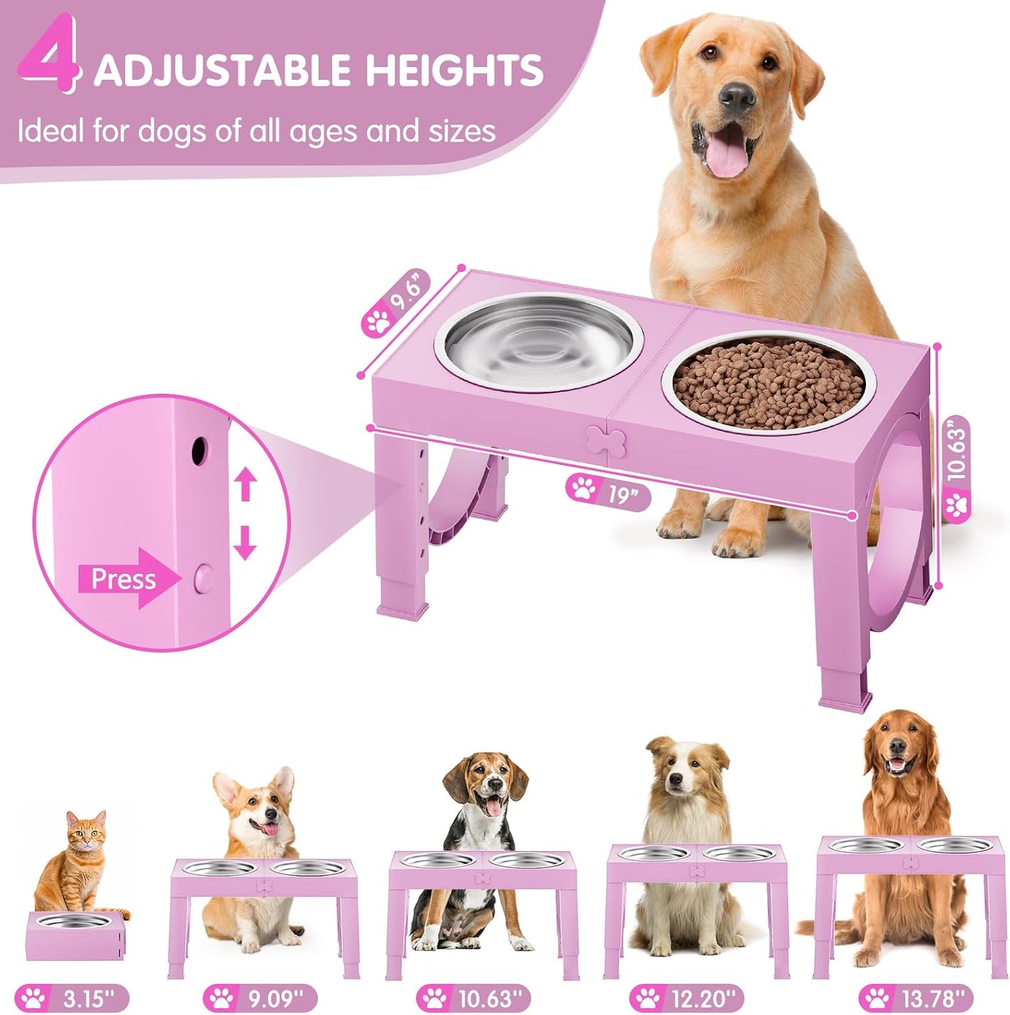 XIAZ Elevated Dog Bowls Large Breed Raised Dogs Bowl Stand Large/Medium Sized Dog Stainless Steel Food Water Bowl Stands 5 Heights Adjustable 9/11/12/14in Pet Feeder Dish Station