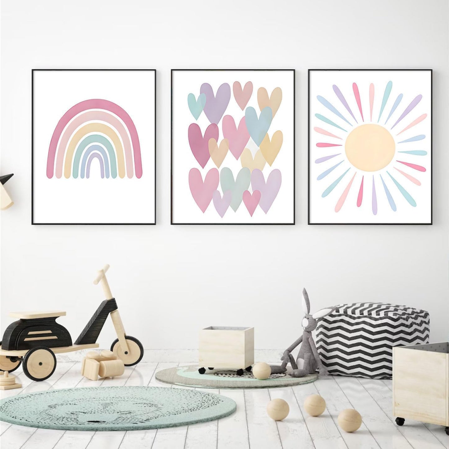 3Pcs Pink Nursery Canvas Wall Art Pastel Rainbow Sun Hearts Posters Prints Boho Pink Sunshine Painting Wall Decor Pictures for Toddler Girls Baby Kids Room Decoration, Unframed 12x16in