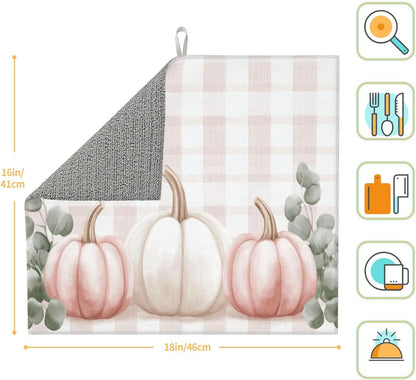 Dish Drying Mat for Kitchen Pink Pumpkin Buffalo Plaid Pattern Counter Absorbent Dishes Drainer Microfiber Small 16x18 Inch